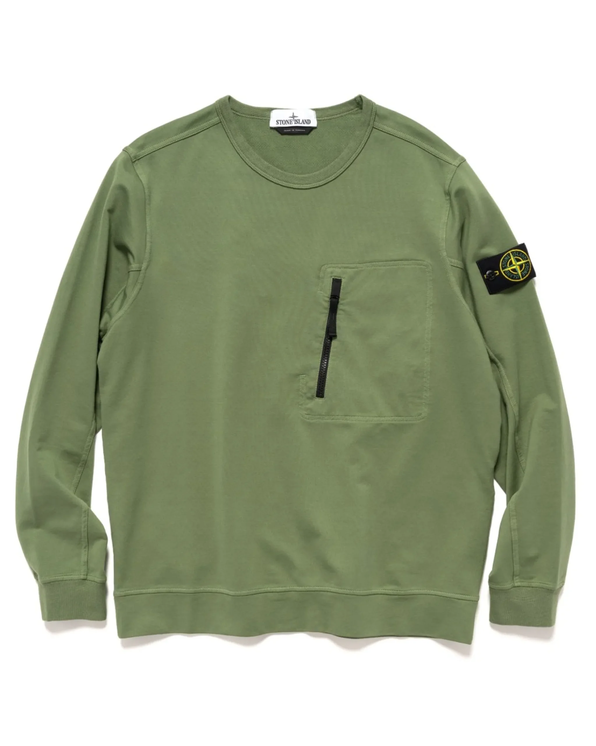 Stone Island Cotton Stretch Fleece Zip Pocket Crewneck Sweater Sage>Men Sweaters