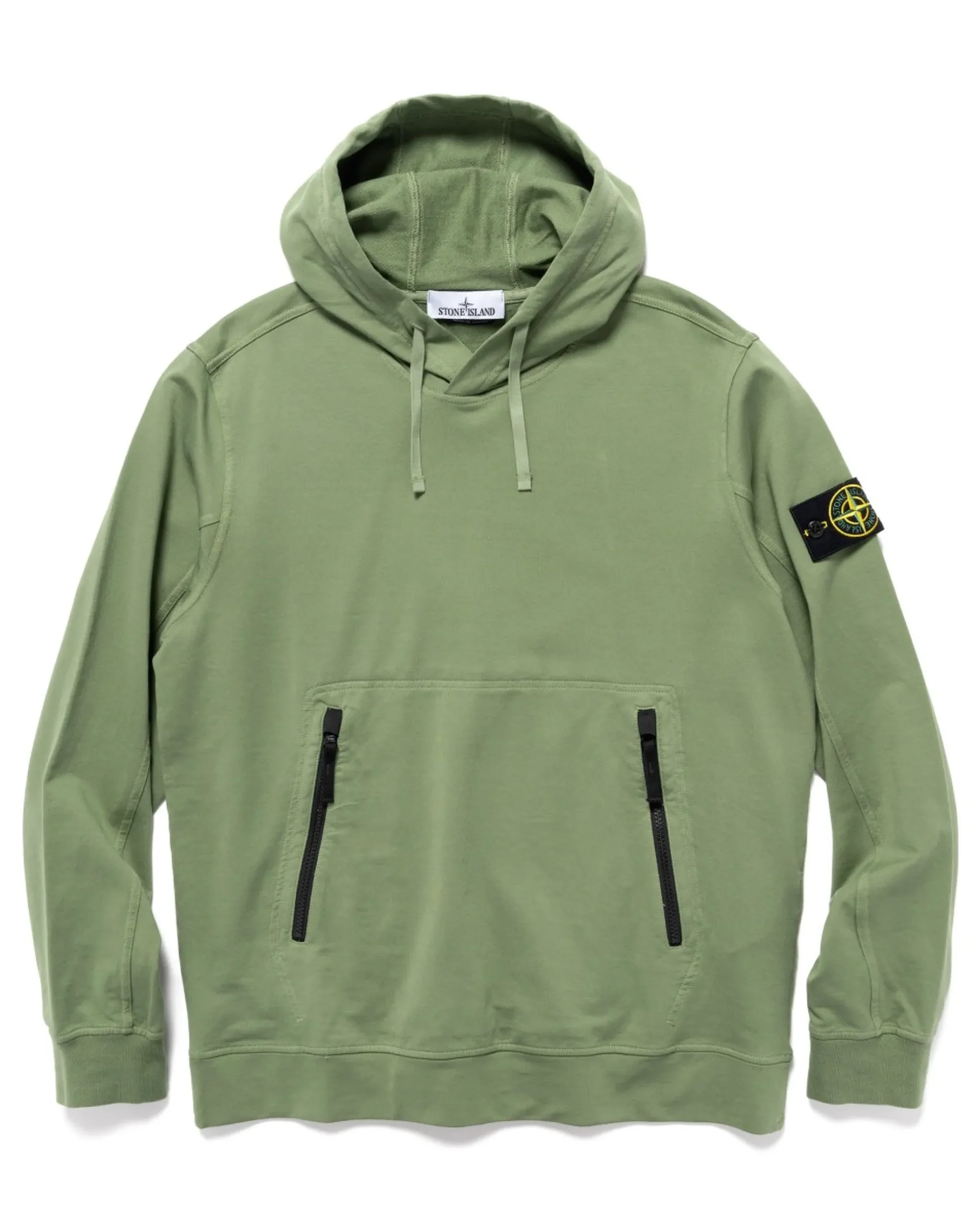 Stone Island Cotton Stretch Fleece Zip Pocket Pullover Hooded Sweater Sage>Men Sweaters