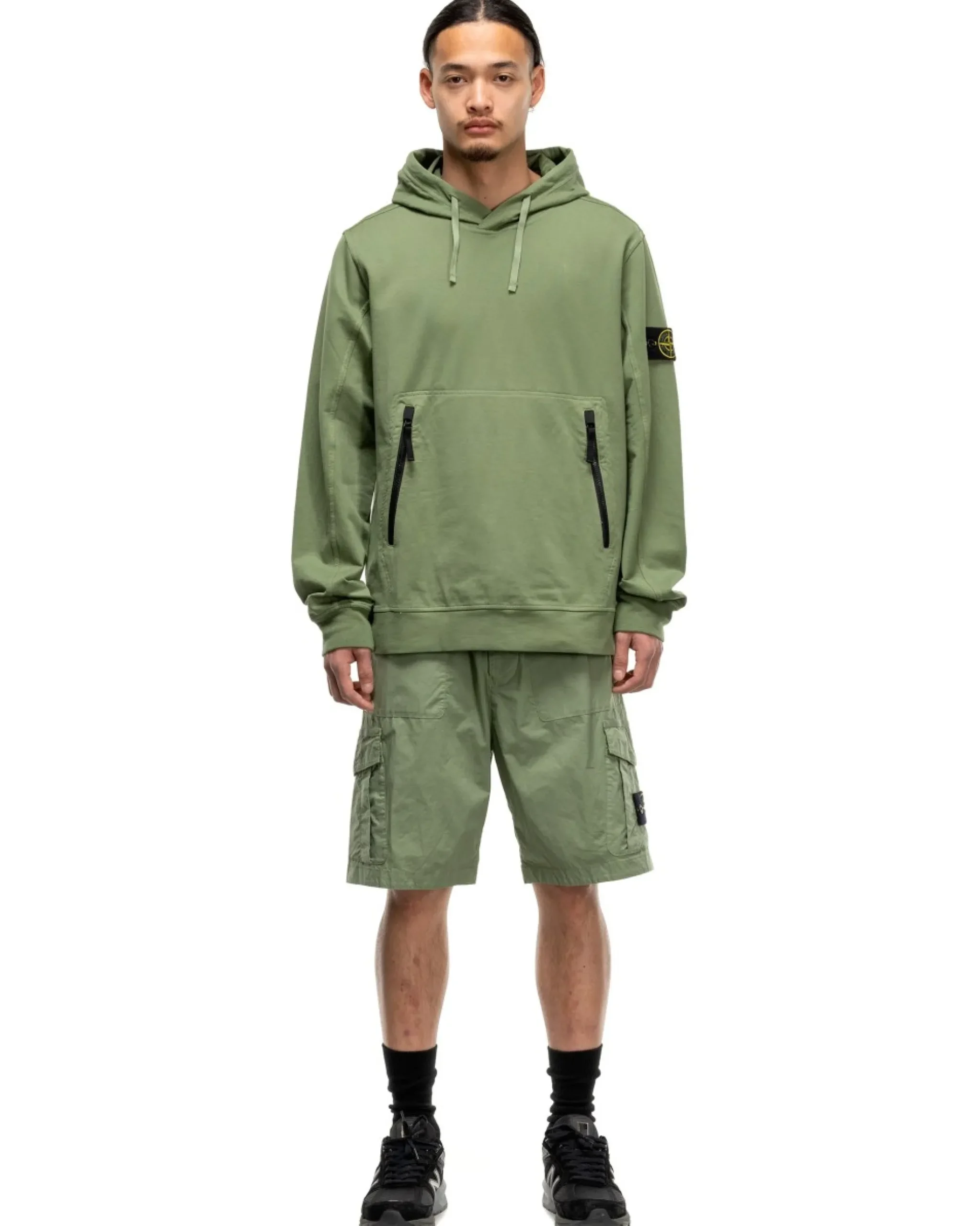 Stone Island Cotton Stretch Fleece Zip Pocket Pullover Hooded Sweater Sage>Men Sweaters
