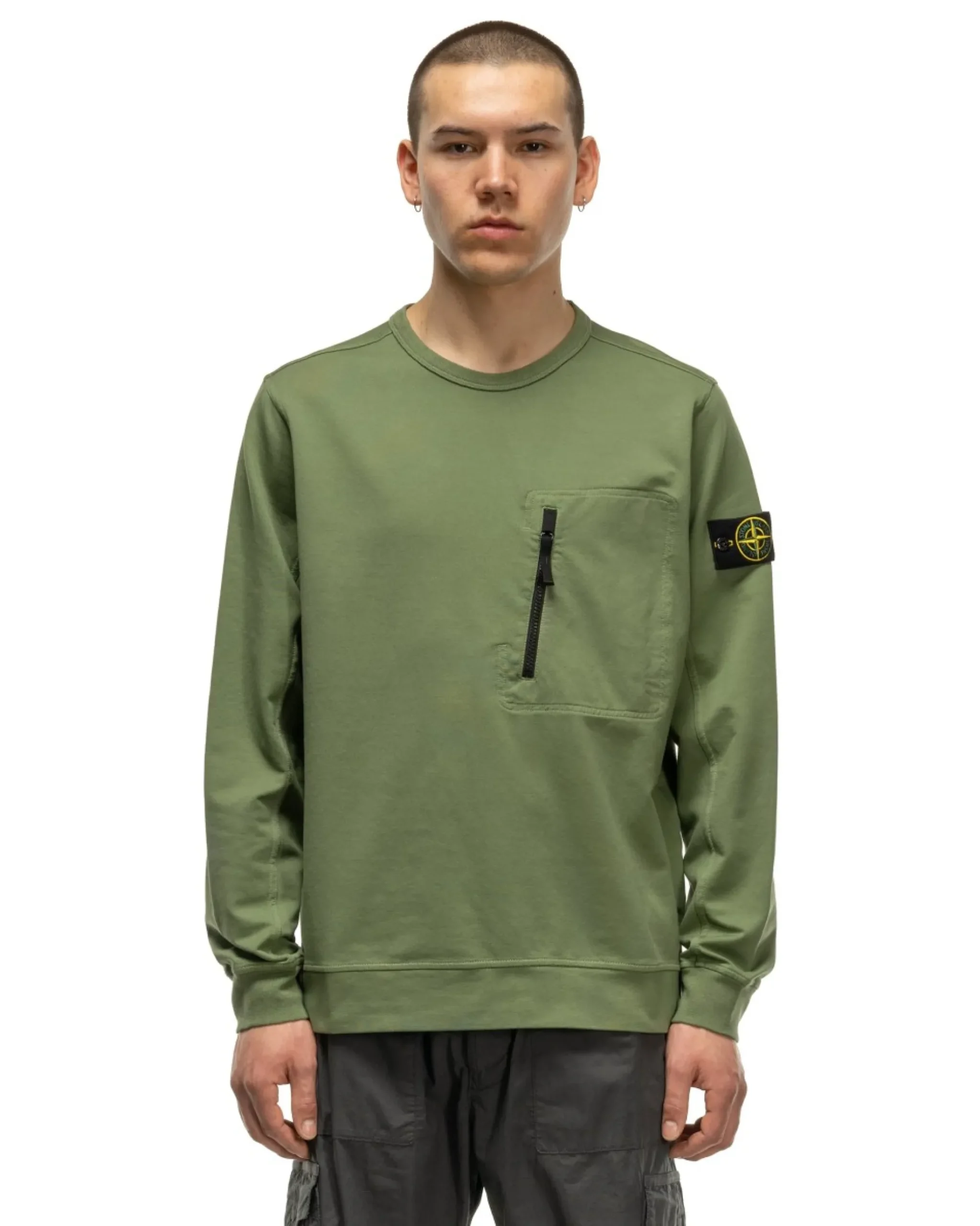 Stone Island Cotton Stretch Fleece Zip Pocket Crewneck Sweater Sage>Men Sweaters