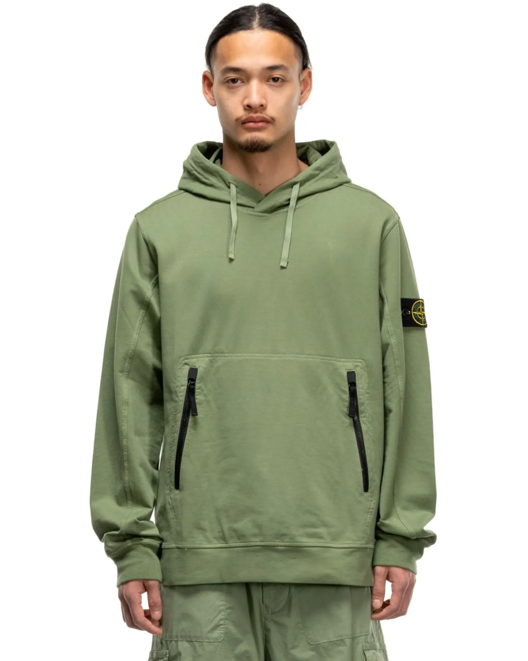 Stone Island Cotton Stretch Fleece Zip Pocket Pullover Hooded Sweater Sage>Men Sweaters