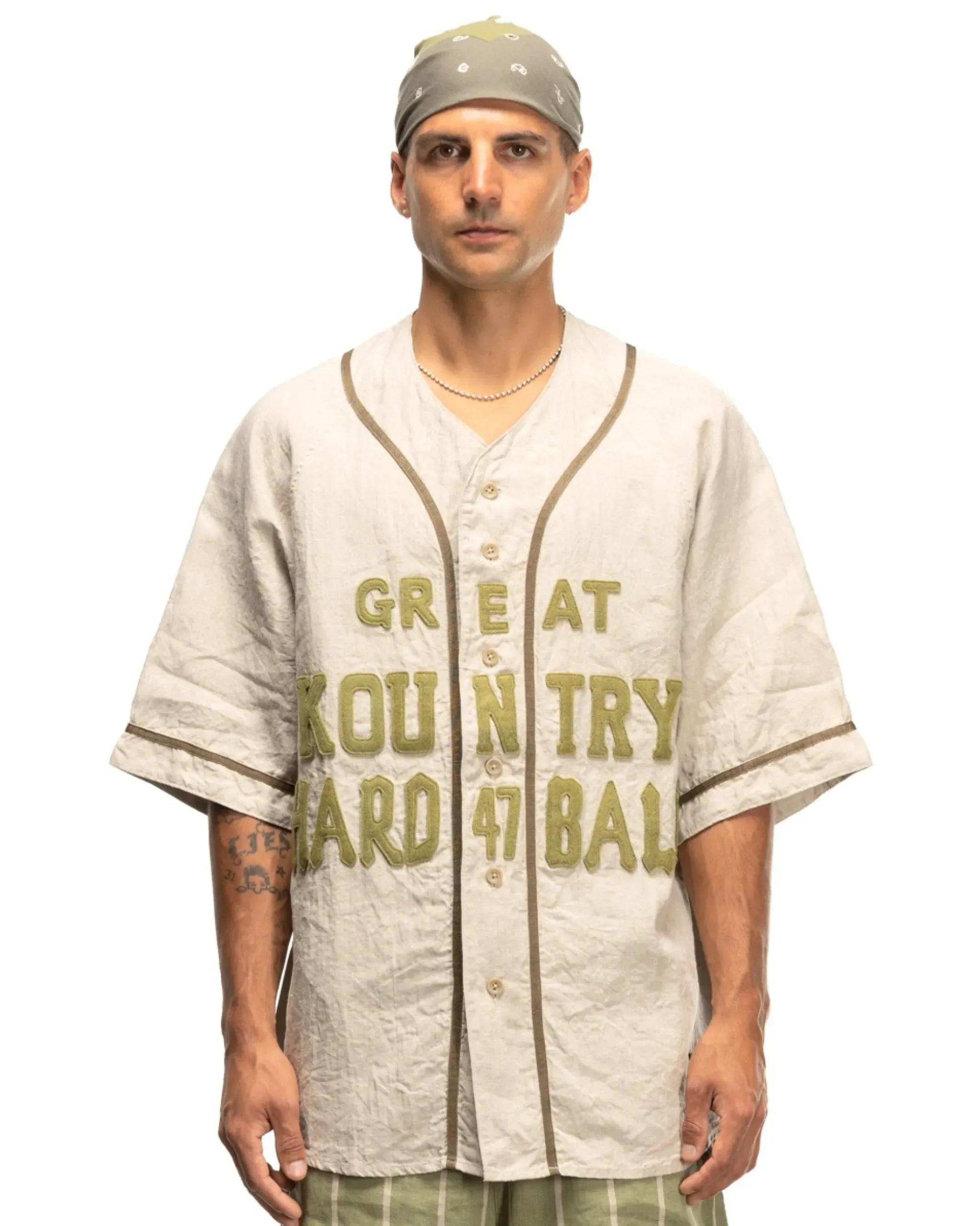 KAPITAL French Linen Great Kountry Baseball Shirt Beige>Men Shirts