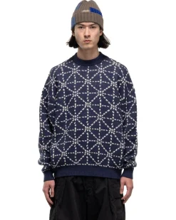 KAPITAL 5G Wool Dojo Sashiko Crew Sweater Navy><noscript><img width=