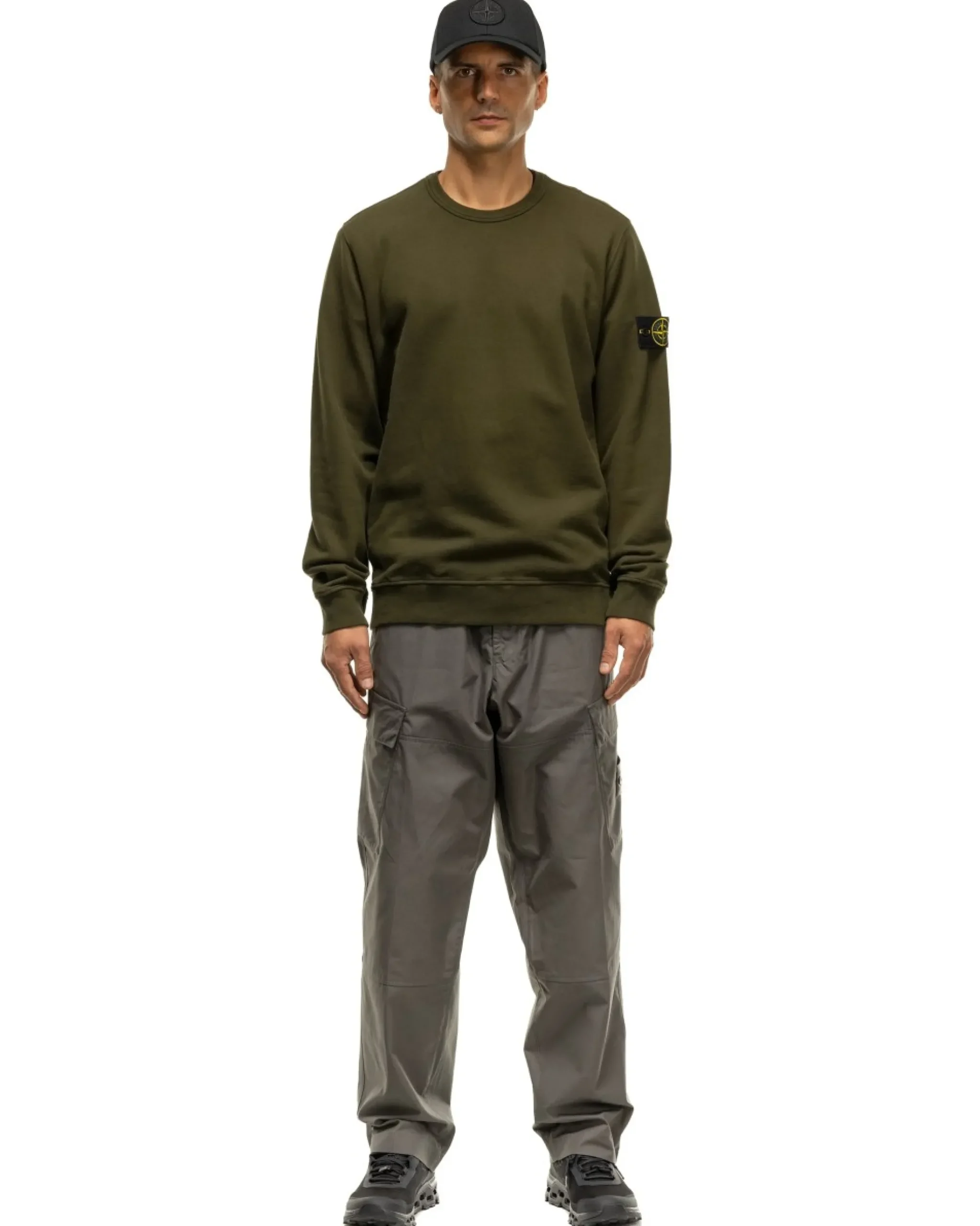 Stone Island Garment Dyed Brushed Cotton Fleece Crewneck Olive>Men Sweaters