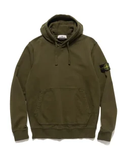 Stone Island Garment Dyed Cotton Fleece Hoodie Olive>Men Sweaters
