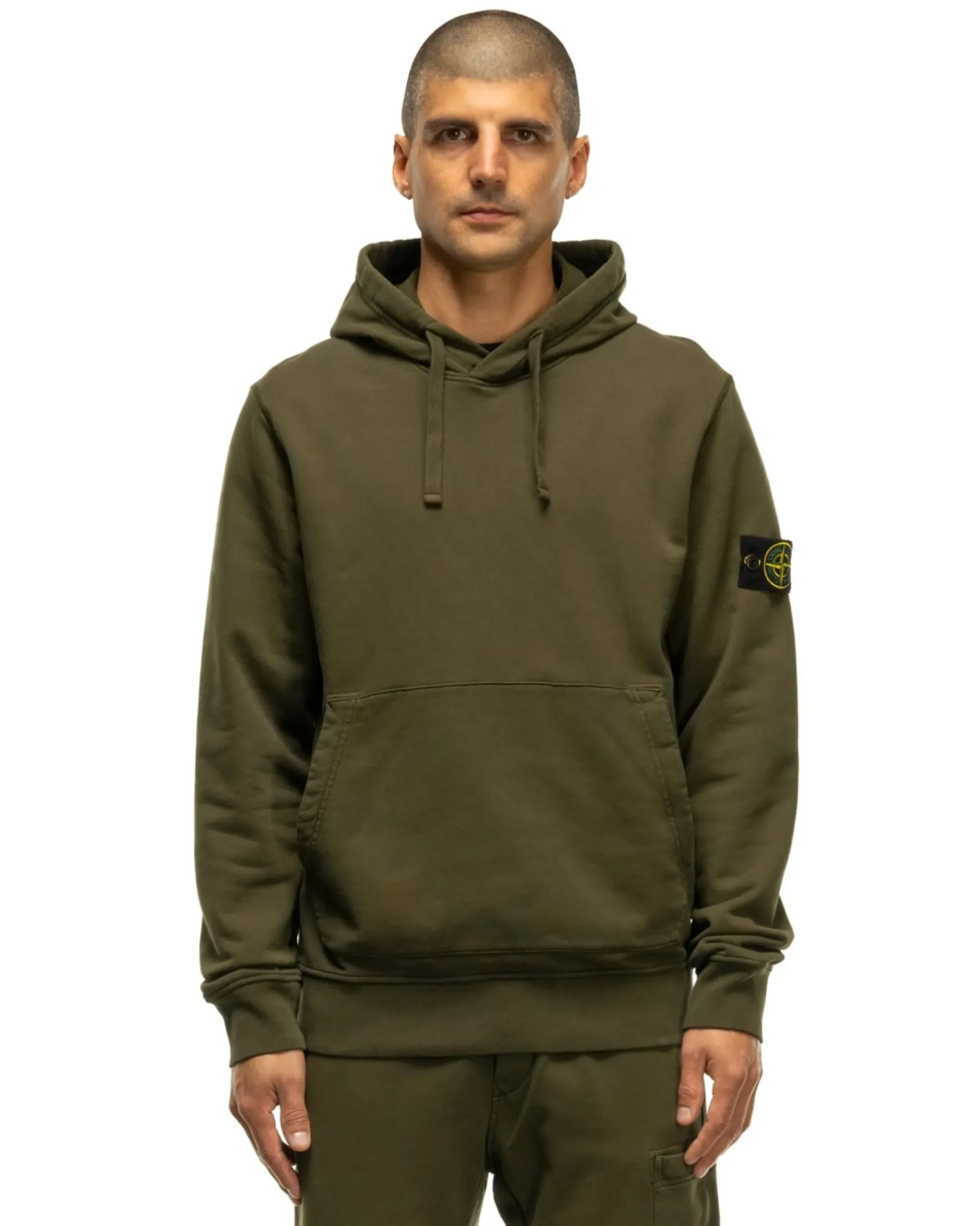 Stone Island Garment Dyed Cotton Fleece Hoodie Olive>Men Sweaters