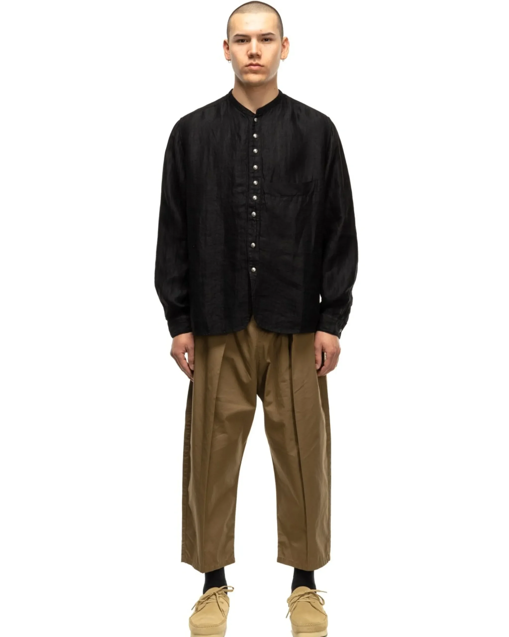 KAPITAL Gauze Linen Herringbone Stand Penny Shirt Black>Men Shirts