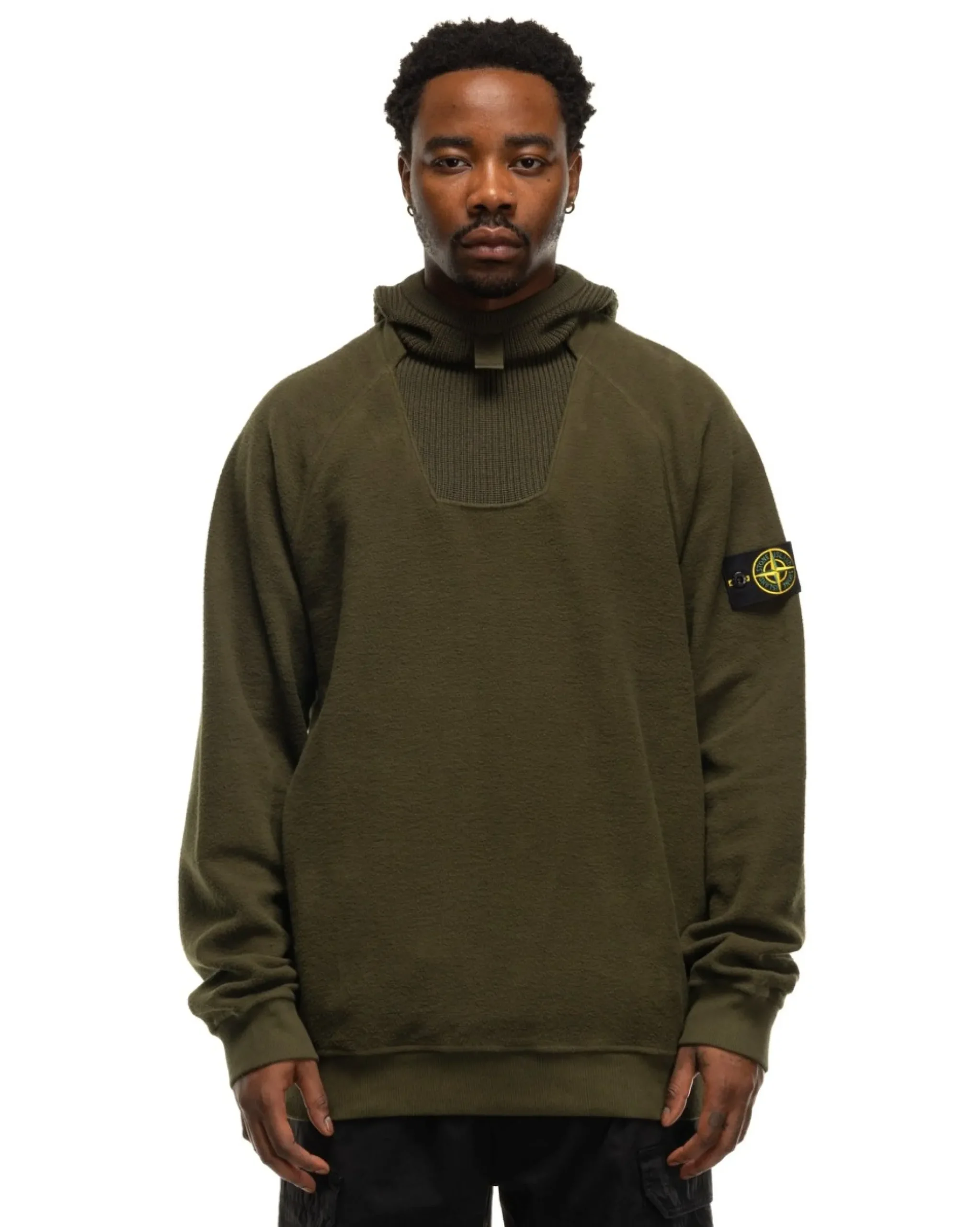 Stone Island Gauzed Cotton Nylon Fleece Hooded Sweatshirt Olive>Men Sweaters